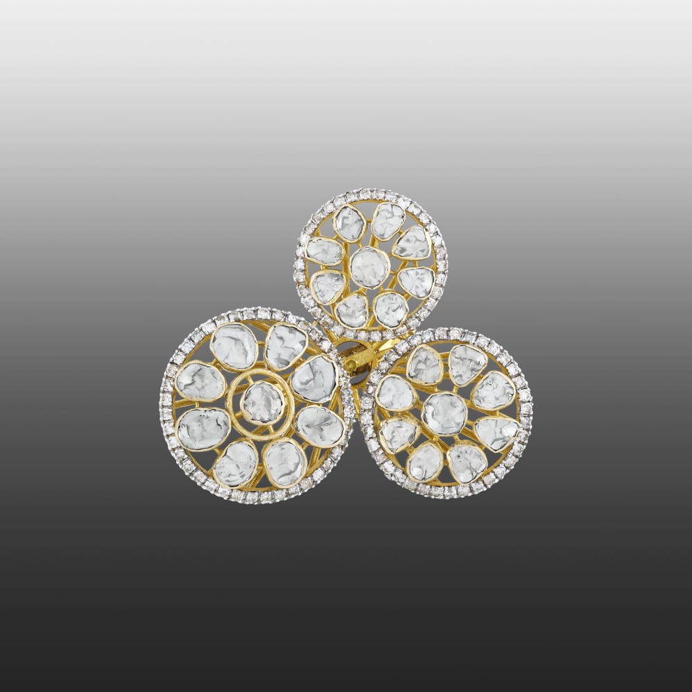 Triple Circle Polki Ring with Diamond Halo and Polki Cluster